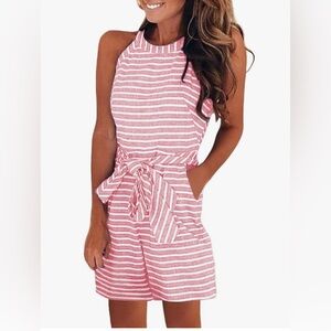 Pink and white striped wide leg romper